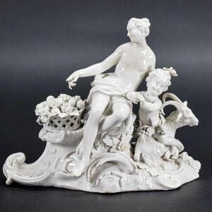 Meissen WHITE PORCELAIN , CAPODIMONTE, WOMAN WITH CHILD & A GOAT 19th Century